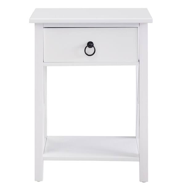 HOMESTOCK Eily 12 in. White Wooden Nightstand End Table with Storage Shelf & Drawer