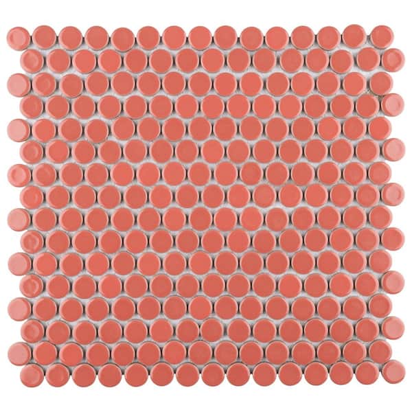 Merola Tile Hudson Penny Round Vermilio 6 in. x 6 in. Porcelain Mosaic Take Home Tile Sample