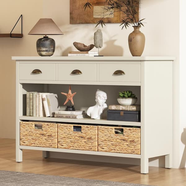 Nestfair 47 in. Antique White Rectangle MDF Console Table with 3-Drawers and Water Hyacinth Woven Baskets