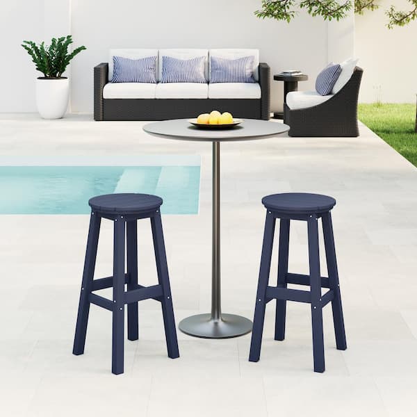 Laguna 29 in. HDPE Plastic All Weather Backless Round Seat Bar Height Outdoor Bar Stool in Navy Blue (Set of 2)
