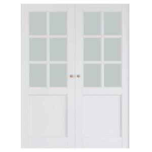 60 in. x 80 in. 3-Lite Tempered Frosted Glass Solid Core White Finished Pivot Bi-fold Door with Pivot Hardware