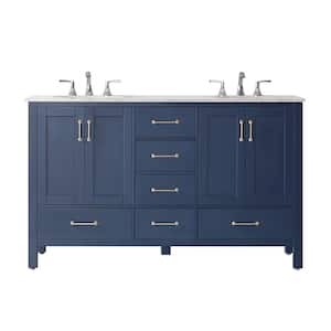 Gela 60 in. Vanity in Blue with Marble Vanity Top in White with White Basins