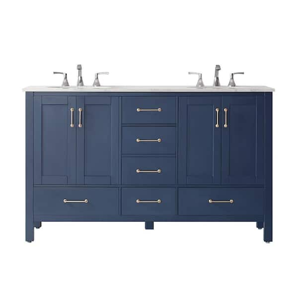 ROSWELL Gela 60 in. Vanity in Blue with Marble Vanity Top in White with White Basins