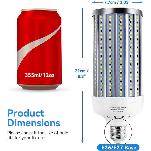 Lukyamzn 60w LED Corn Light Bulb 5500-Lumen Cool Daylight White E26/e27 Medium Base For Large Area Outdoor Indoor Use 2-Pack
