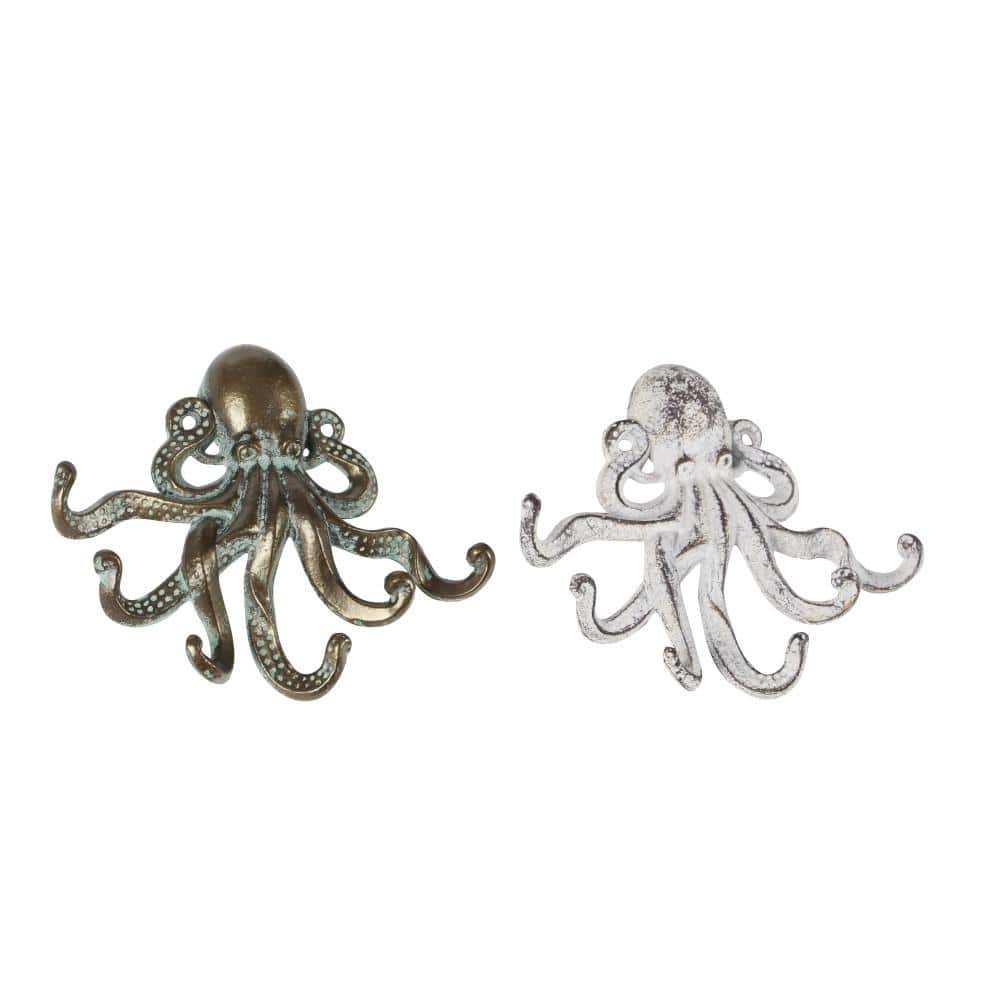 Ronyoung 2pcs Heavy Duty Decorative Octopus Hook- Wall Mounted Coat Hooks/Solid Cast Iron Unique Key Holders/Home Decor (Red Bronze)