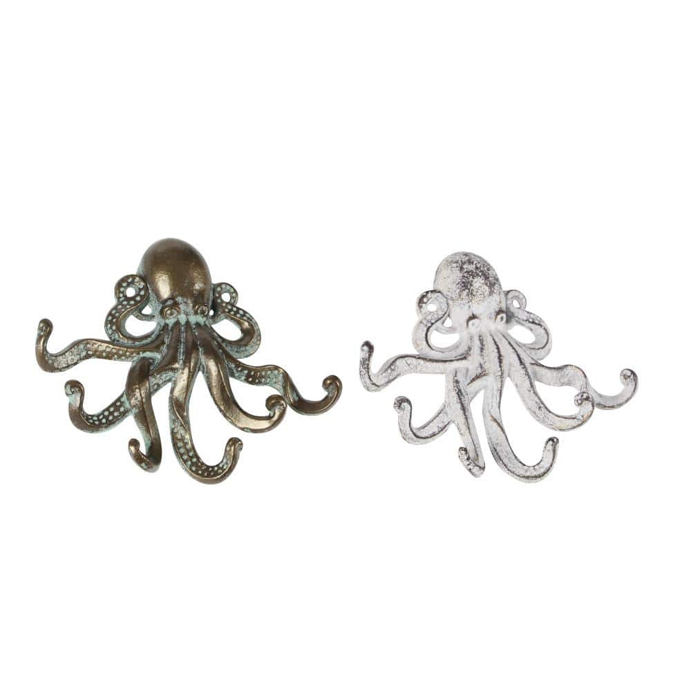 Bronze and White Nautical Octopus Wall Hooks, Set of 2