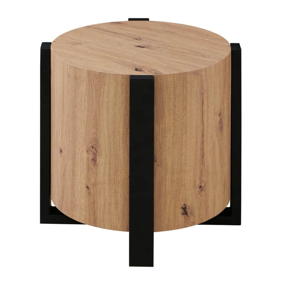 Darcie Natural Brown Round Wood End Table with Black Metal Legs