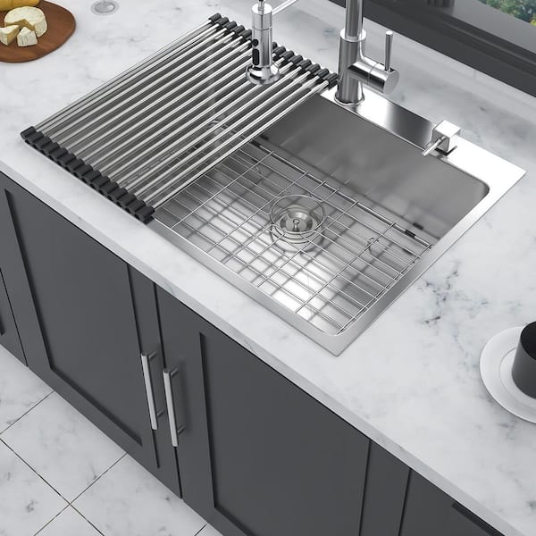 25 in. Drop-in Single Bowl 16-Gauge Brushed Nickel Stainless Steel Kitchen Sink with Bottom Grids