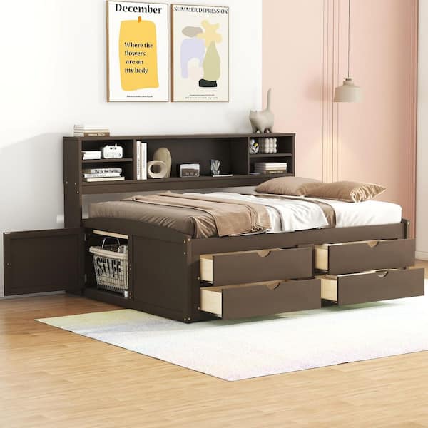 Kyle Antique Brown Wood Full Size Daybed with 2 Bedside Cabinets, Upper Shelves, 4 Drawers