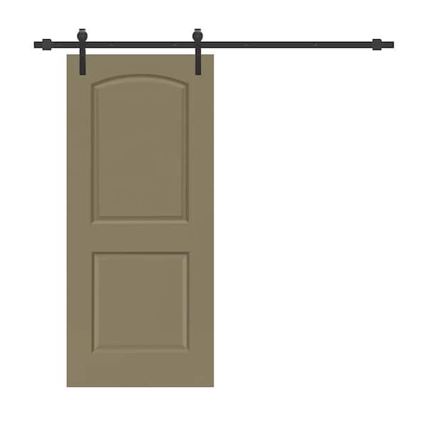 CALHOME 30 in. x 80 in. Olive Green Stained Composite MDF 2-Panel Round Top Interior Sliding Barn Door with Hardware Kit