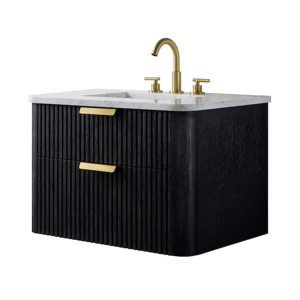 Warren 30 in W x 20 in D x 34 in H Floating Bath Vanity in Black Oak, Engineered Stone Top in Arabescato and White Sink