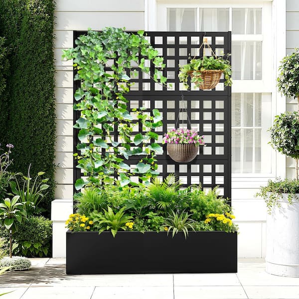 47 in.L x 16 in.W x 71 in.H Metal Raised Garden Planter Box w/Trellis-Black Rectangle Pot for Climbing Plants, Cucumbers