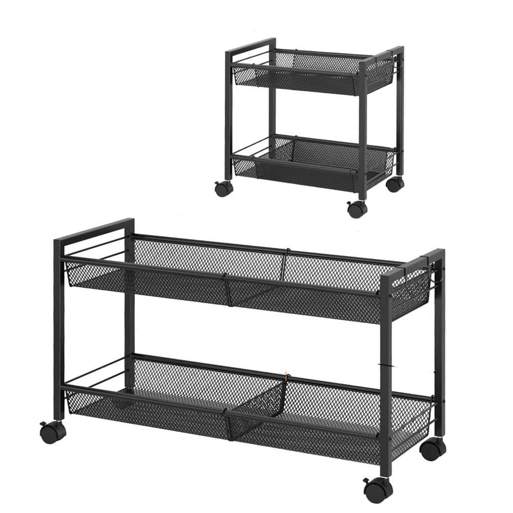 Black 2-Tier Expandable Rolling Pantry Organizer Cart with 4 Detachable Mesh Baskets and Wheels, Metal