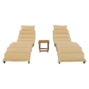 Brown 3-Piece Wood Outdoor Portable Extended Chaise Lounge Set with Brown Cushions (2-Chairs and 1-Table)