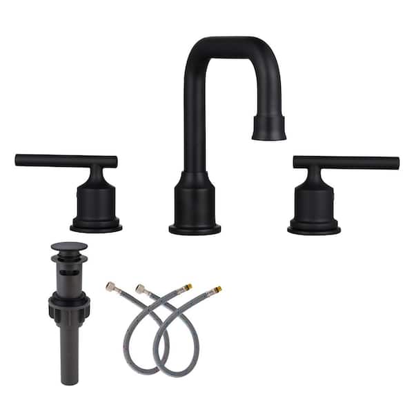 8 in. Widespread 3 Hole Lead-Free Double Handle Bathroom Faucet with Pop-up Drain and Supply Lines in Matte Black