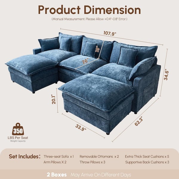 YC 107 in. Wide Arm 3-Piece Modern Chenille U-Shape Modular Sectional Sofa in Light Blue with 2-Ottomans