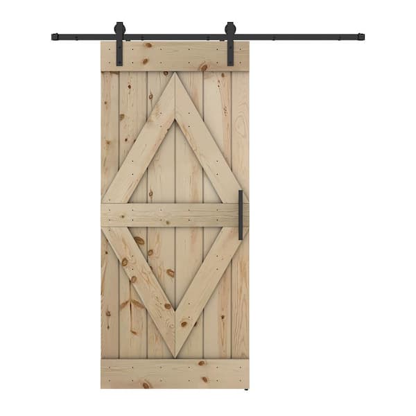 Dessliy Diamond Series 28 in. x 84 in. Fully Set Up Unfinished Pine Wood Sliding Barn Door with Hardware Kit