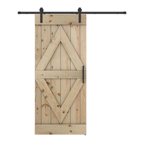 Dessliy Diamond Series 36 in. x 84 in. Unfinished Pine Wood Sliding Barn Door with Hardware Kit (DIY)