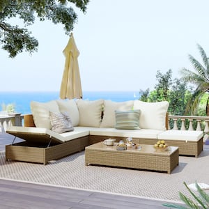 3-Piece Rattan PE Wicker Outdoor Sectional Sofa Set with Chaise Lounge Frame, Glass Table, Brown Plus Beige Cushions