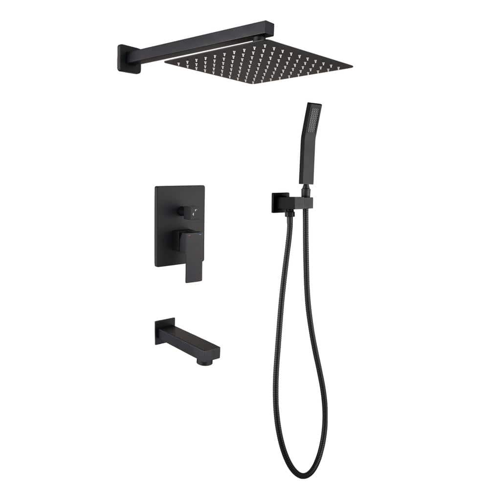 Black Shower Faucet Set 12" Rainfall Shower Head System Mixer Valve w/ Tub Spout 