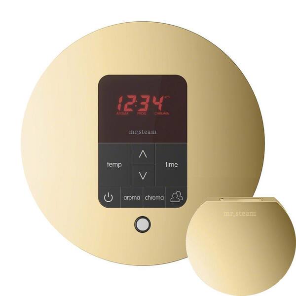 Mr. Steam iTempo Plus Control with AromaSteam Steam Head Round for Steam Bath Generator in Polished Brass