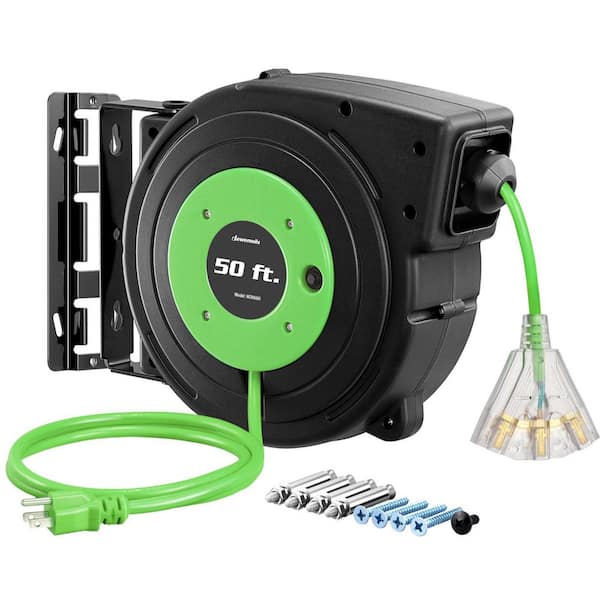50 ft. 14/3 SJTOW 13 Amp Retractable Extension Cord Reel with Lighted Triple Tap Grounded Outlets, Green