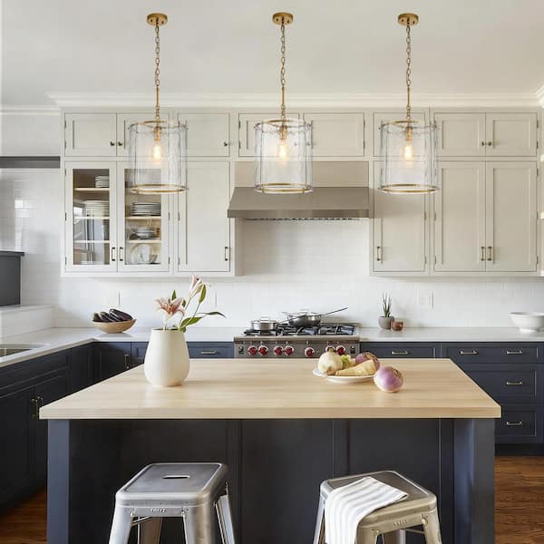 12.6 in. 1-Light Modern Farmhouse Gold Adjustable Chain Pendant Light with Cylinder Handcrafted Textured Glass Shade