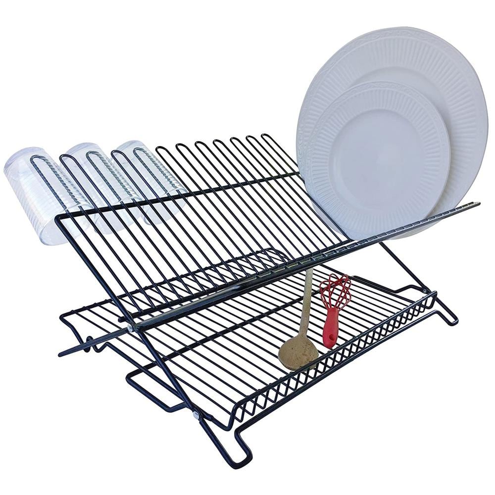 Black Metal Foldable Dish Rack with Utensil Cup