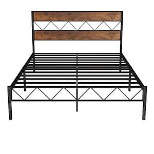 Platform Bed Frame ，Black Metal Frame， Full Size Platform Bed with Rustic Vintage Wooden Headboard, 55 in. Wide