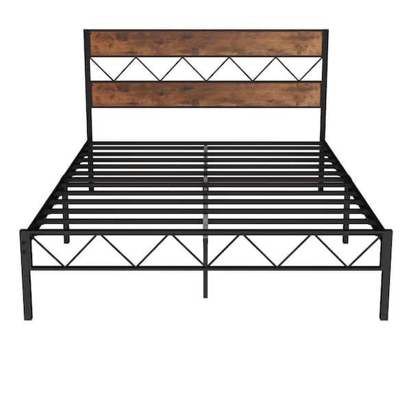 VECELO Platform Bed Frame ，Black Metal Frame， Full Size Platform Bed with Rustic Vintage Wooden Headboard, 55 in. Wide