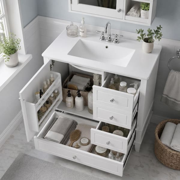 36 in. Single Sink Freestanding White Bath Vanity with White Ceramic Sink Top