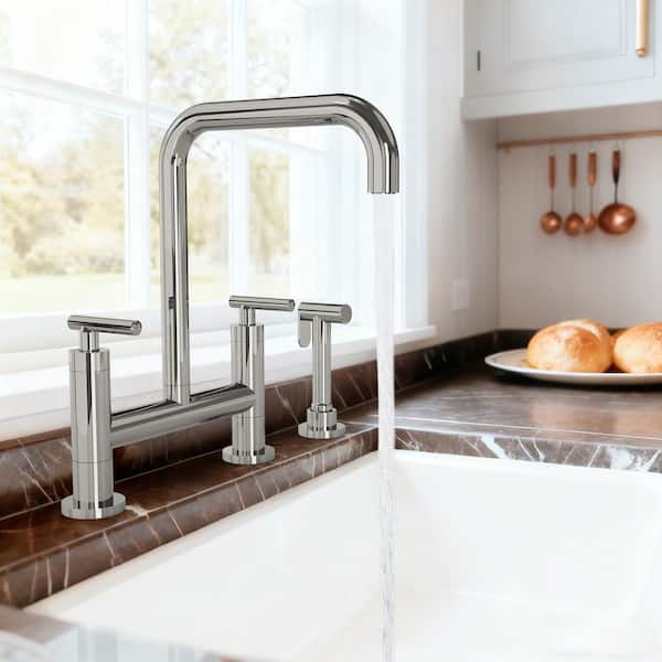 2-Handle Deck Mount Kitchen Faucet 2-Hole Bridge Kitchen Faucet with Side Sprayer in Chrome