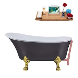55 in. x 26.8 in. Acrylic Clawfoot Soaking Bathtub in Matte Grey with Polished Gold Clawfeet and Matte Pink Drain