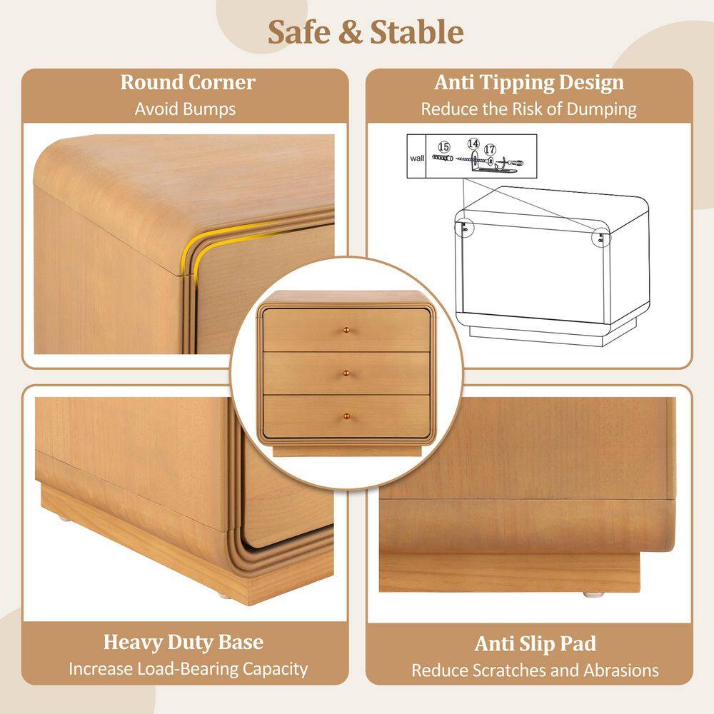 Creston Modern Olive Green 3-Drawer Curved-Edge Bedside Table Nightstand - thumbnail 8