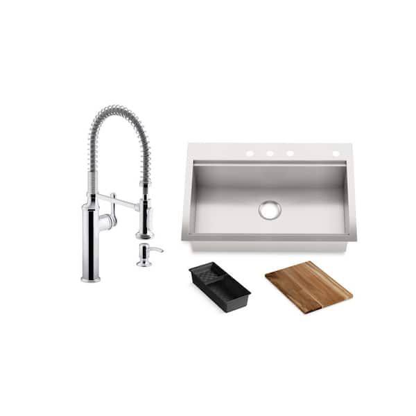 KOHLER Lyric Workstation 33 in. Dual Mount Stainless Steel Single Bowl Kitchen Sink with Sous Semi Pro Kitchen Faucet