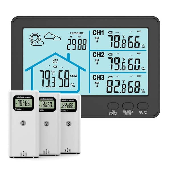 Wireless Indoor Outdoor Thermometer Hygrometer, Color Digital Weather Station with 3 Remote Sensors Black
