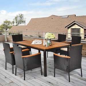7-Piece Wicker Outdoor Dining Set with Cushion Beige Rattan Patio Furniture Set with Umbrella Hole