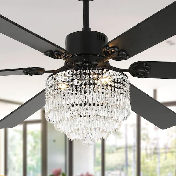 Luminelle 65 in. Indoor Standard Matte Black Crystal Ceiling Fan with Lights and Remote, Downrod Modern Ceiling Fan