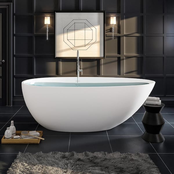 Eviva Bliss 60 in. x 31 in. Freestanding Soaking Solid Surface Bathtub with Center Drain in Matte White