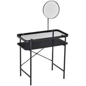51.25 in. H x 31.5 in. L x 17.75 in. Modern Black Glasstop Vanity Table with Mirror, Makeup Table