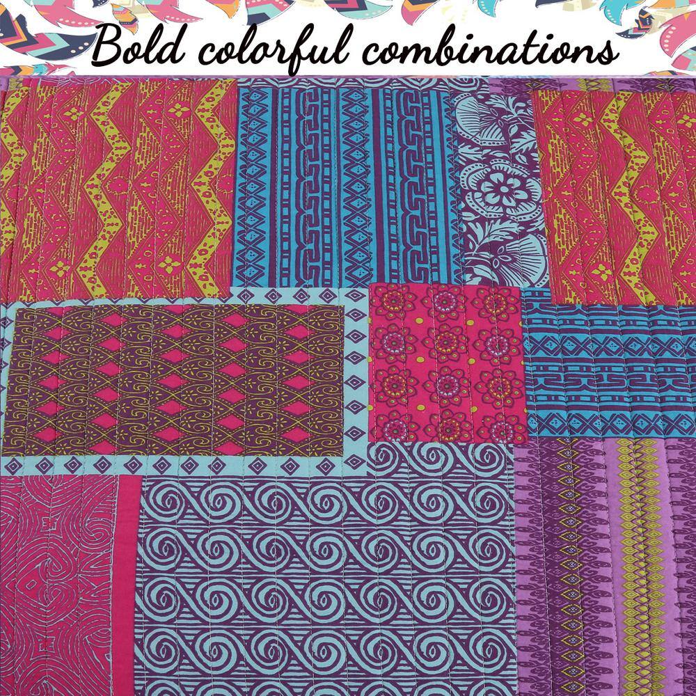 Bohemian Purple and Fuchsia Cotton King Quilt Set