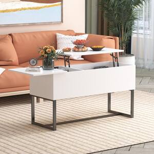 42 .5 in. W White Rectangle Wood Lift Top Coffee Table with 2-Lift Area Hidden Storage Metal Frame Center Console
