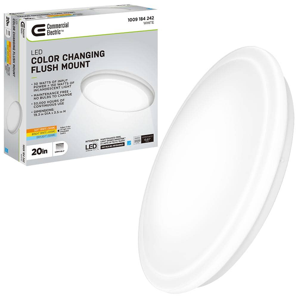 Commercial Electric 20 in. Low Profile LED Flush Mount Round Ceiling Light 2400 Lumens 3000K 4000K 5000K Dimmable Bedroom Lighting