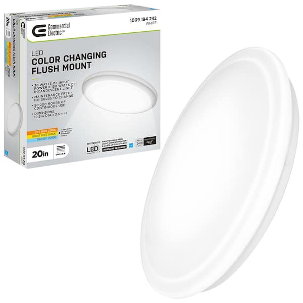 Commercial Electric 20 in. Low Profile LED Flush Mount Round Ceiling Light 2400 Lumens 3000K 4000K 5000K Dimmable Bedroom Lighting