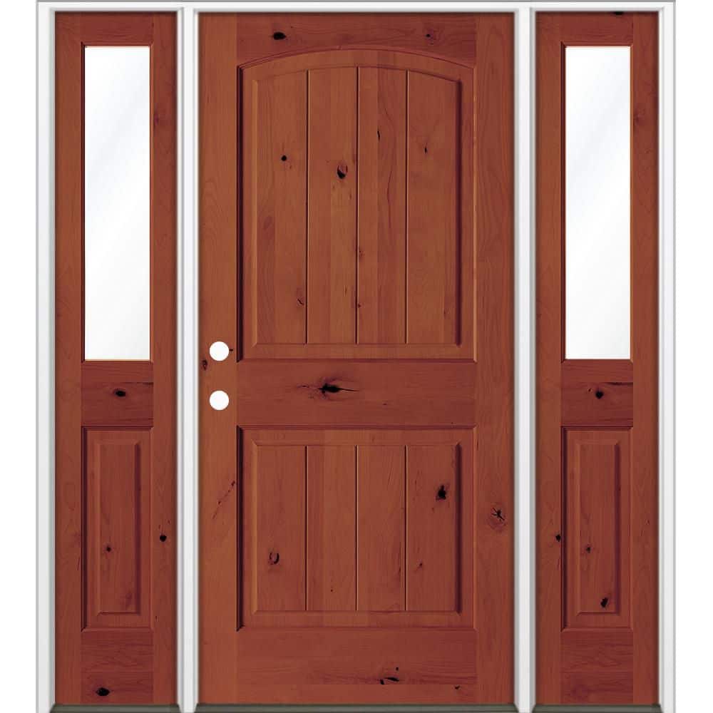 58 in. x 80 in. Knotty Alder Arch Top Right-Hand/Inswing Clear Glass BEHR Amaretto Stain Wood Prehung Front Door w/ DHSL price history on PriceWatchPro