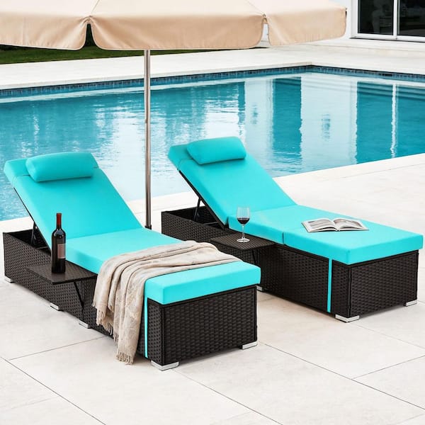 ZZW Brown Wicker Outdoor Chaise Lounge with Side Table Gray