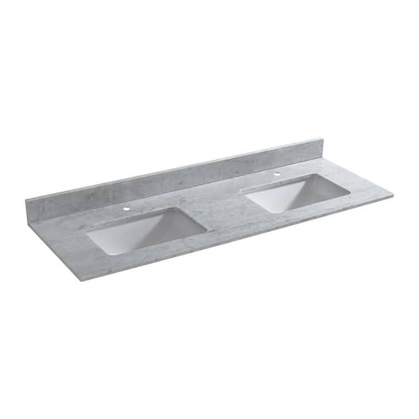 Basildon 61 in. W x 22 in. D Double Basin Carrara Marble Vanity Top in Carrara White with White Vitreous China Basins