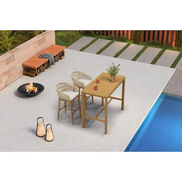 Modern Aluminum Bar Height Top Table and Rattan Outdoor Bar Stool Set with Beige Cushion (3-Pack)