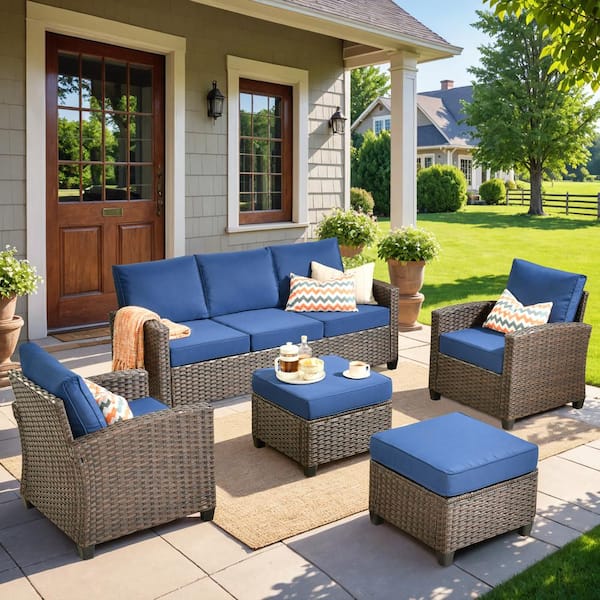 OVIOS Pirani Brown 5-Piece Wicker Outdoor Patio Conversation Seating Set Navy Blue with Cushions