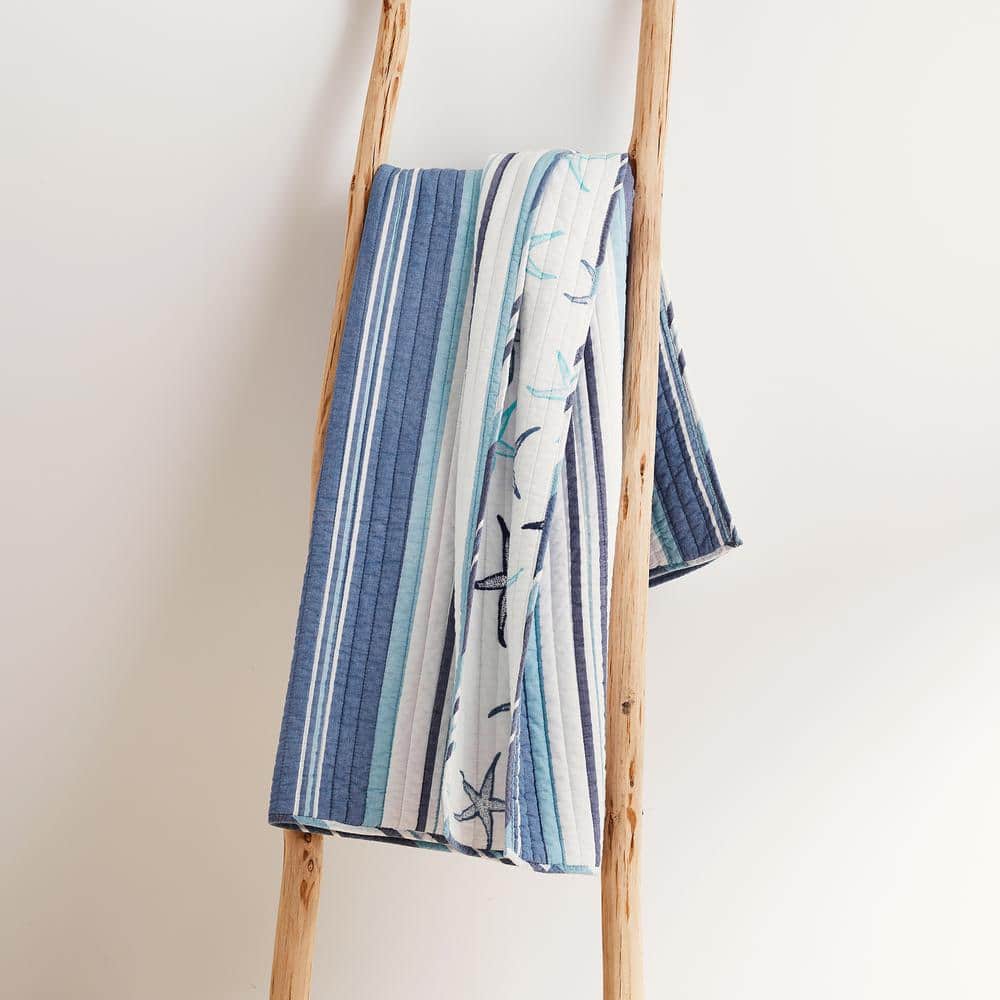 Coastal Stripes Reversible Cotton Quilt Throw, Blue 50" x 60"